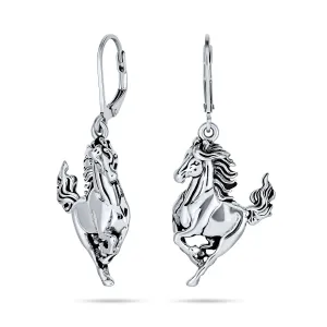 Equestrian Cowgirl Dangle Earrings with Galloping Horse Sterling Silver Jewelry
