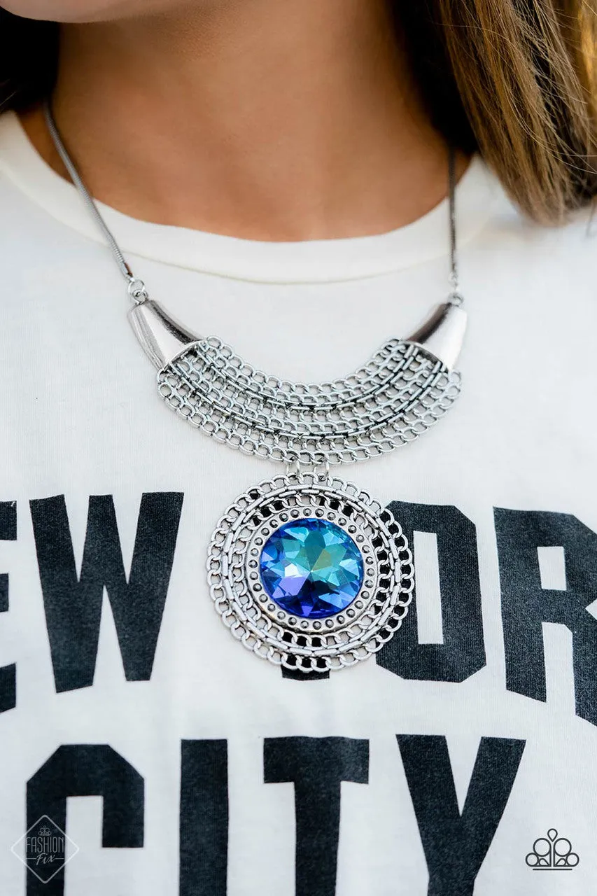 Excalibur Extravagance - Blue - UV Iridescent Oversized Gem Pendant Paparazzi Short Necklace - December 2022 Magnificent Musings