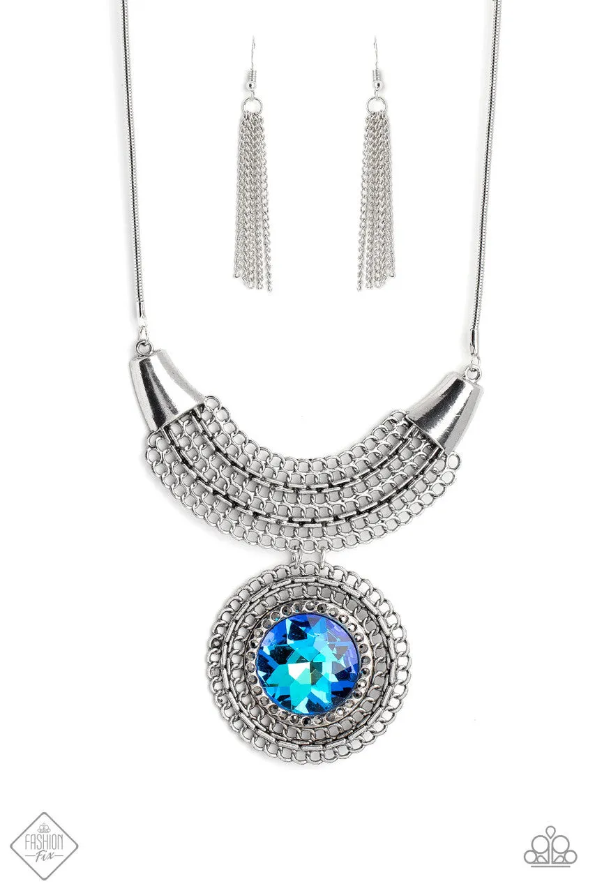 Excalibur Extravagance - Blue - UV Iridescent Oversized Gem Pendant Paparazzi Short Necklace - December 2022 Magnificent Musings