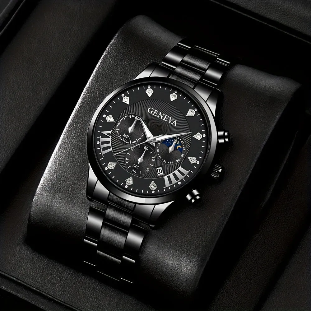 Executive Steel  Leather WatchBracelet Set