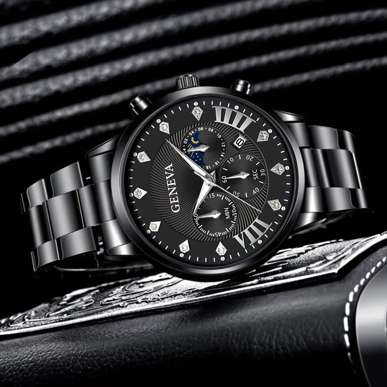 Executive Steel  Leather WatchBracelet Set
