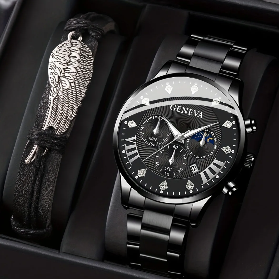 Executive Steel  Leather WatchBracelet Set