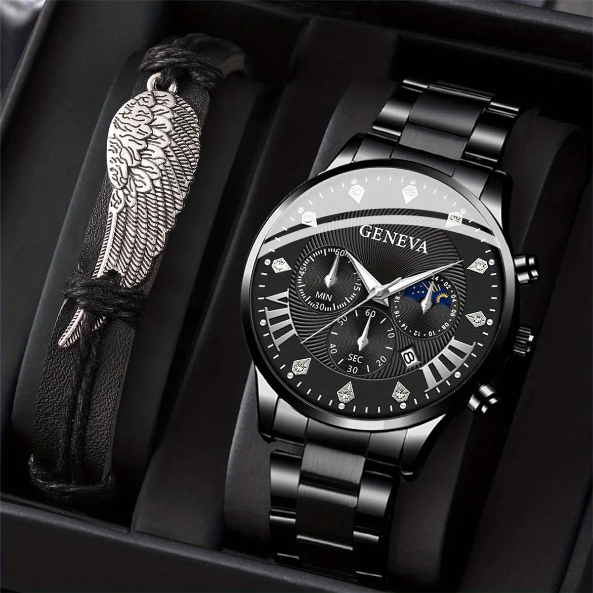 Executive Steel  Leather WatchBracelet Set
