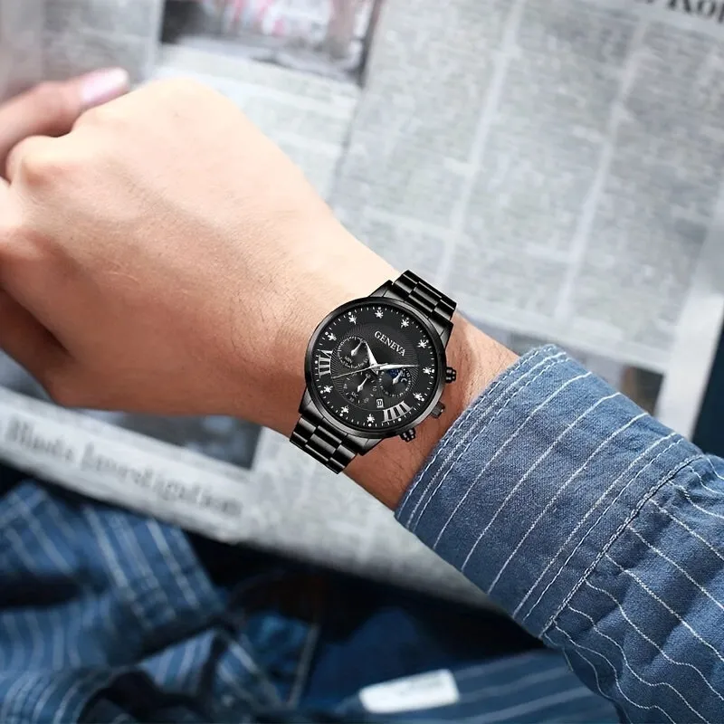 Executive Steel  Leather WatchBracelet Set