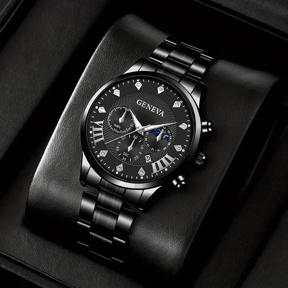 Executive Steel  Leather WatchBracelet Set