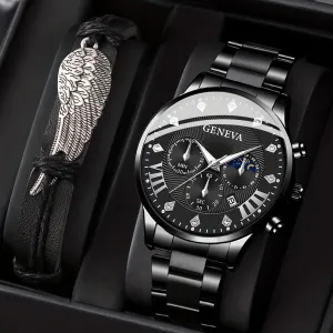 Executive Steel  Leather WatchBracelet Set