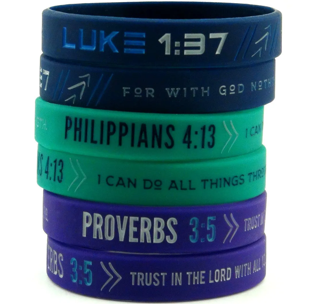 FAITH FITNESS WRISTBANDS, FOR HER (6-pack) - Philippians 4:13, Luke 1:37, & Proverbs 3:5 Silicone Bracelets - Christian Sports Apparel Gifts for Ladies Women