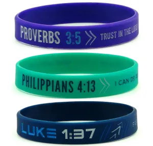 FAITH FITNESS WRISTBANDS, FOR HER (6-pack) - Philippians 4:13, Luke 1:37, & Proverbs 3:5 Silicone Bracelets - Christian Sports Apparel Gifts for Ladies Women