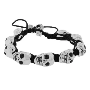Fashion Alloy Silver-Tone Black White CZ Skull Beaded Adjustable Men's Bracelet