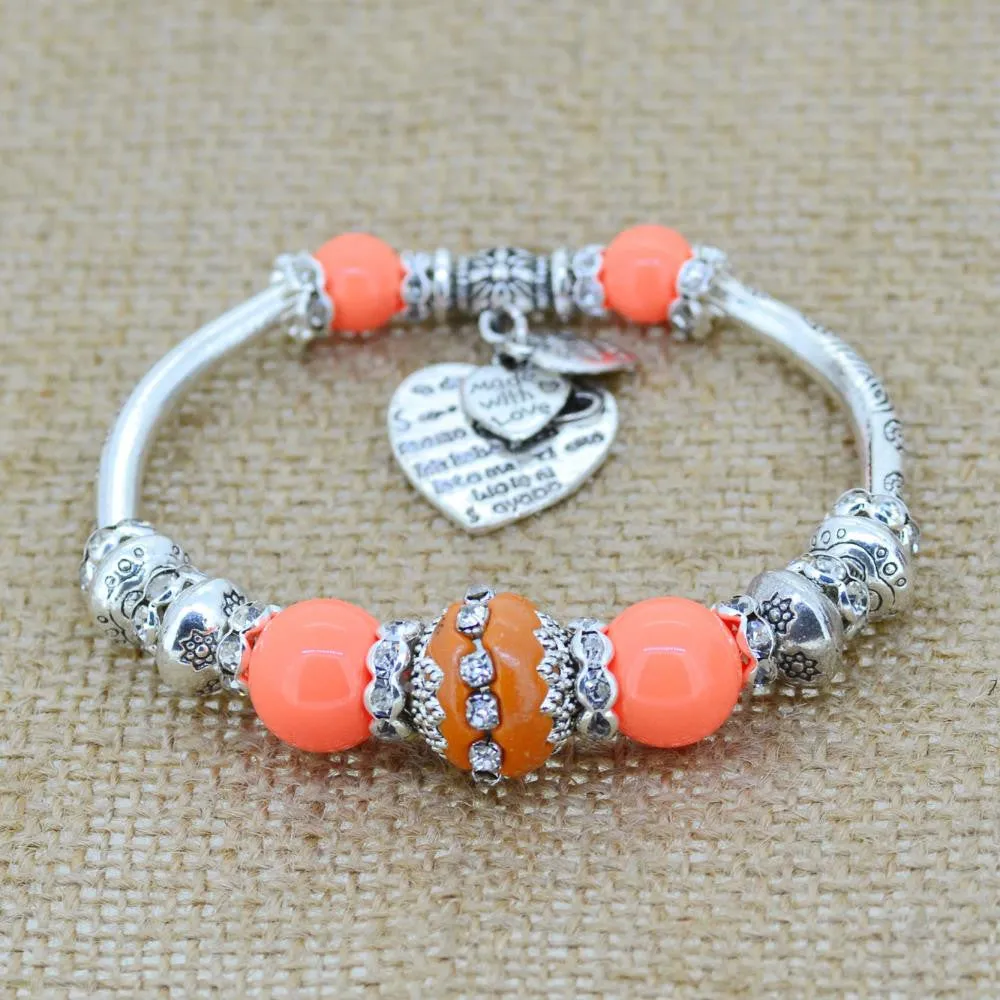 Fashion serling silver jewelry love heart charm bangles & bracelets glass beads strand bracelets for women fine jewelry