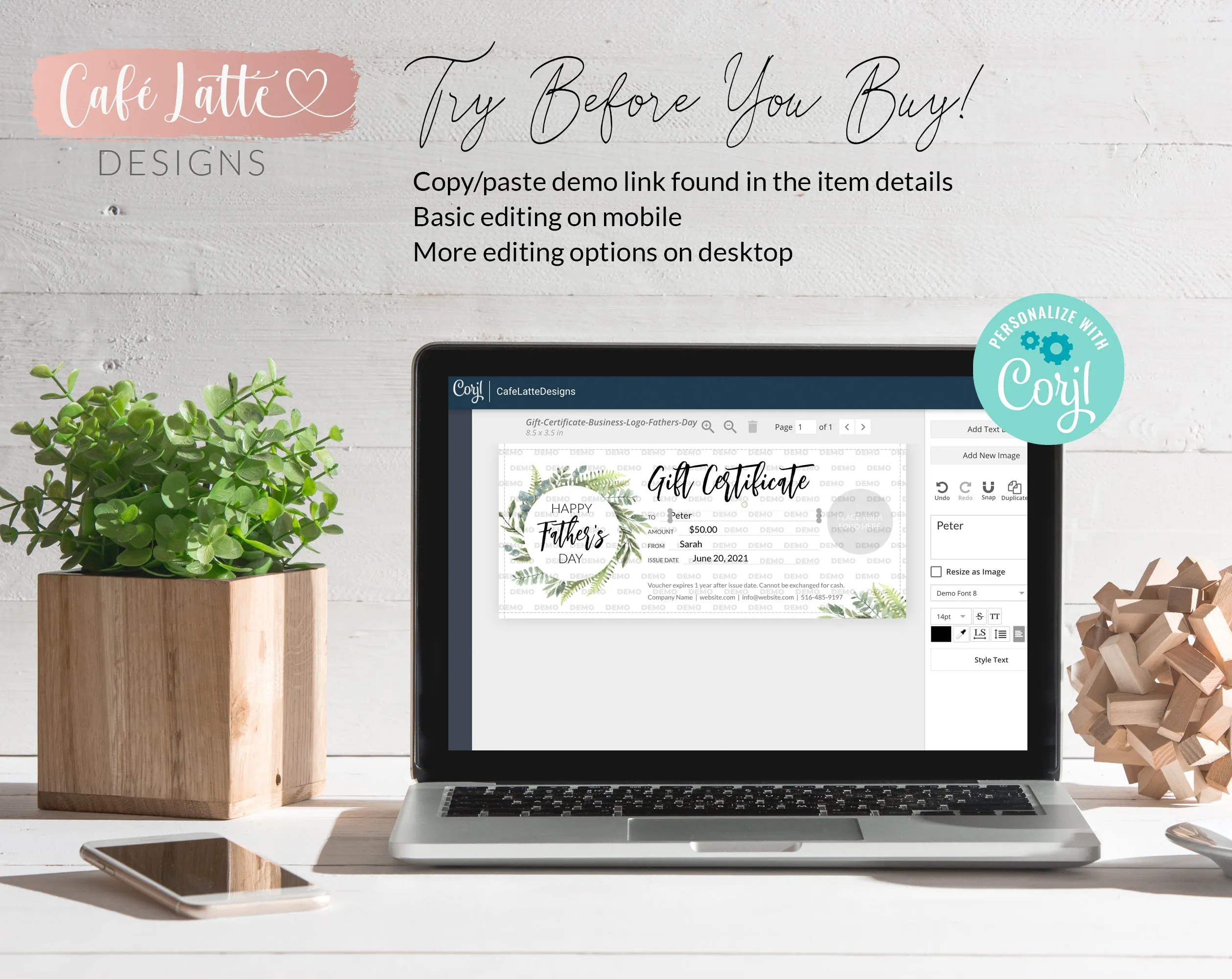 FATHERS DAY Gift Certificate Printable Editable Template, Business Logo Golf Lesson Sport Coupon, Instant DIY Corjl, Last Minute Gift Dad