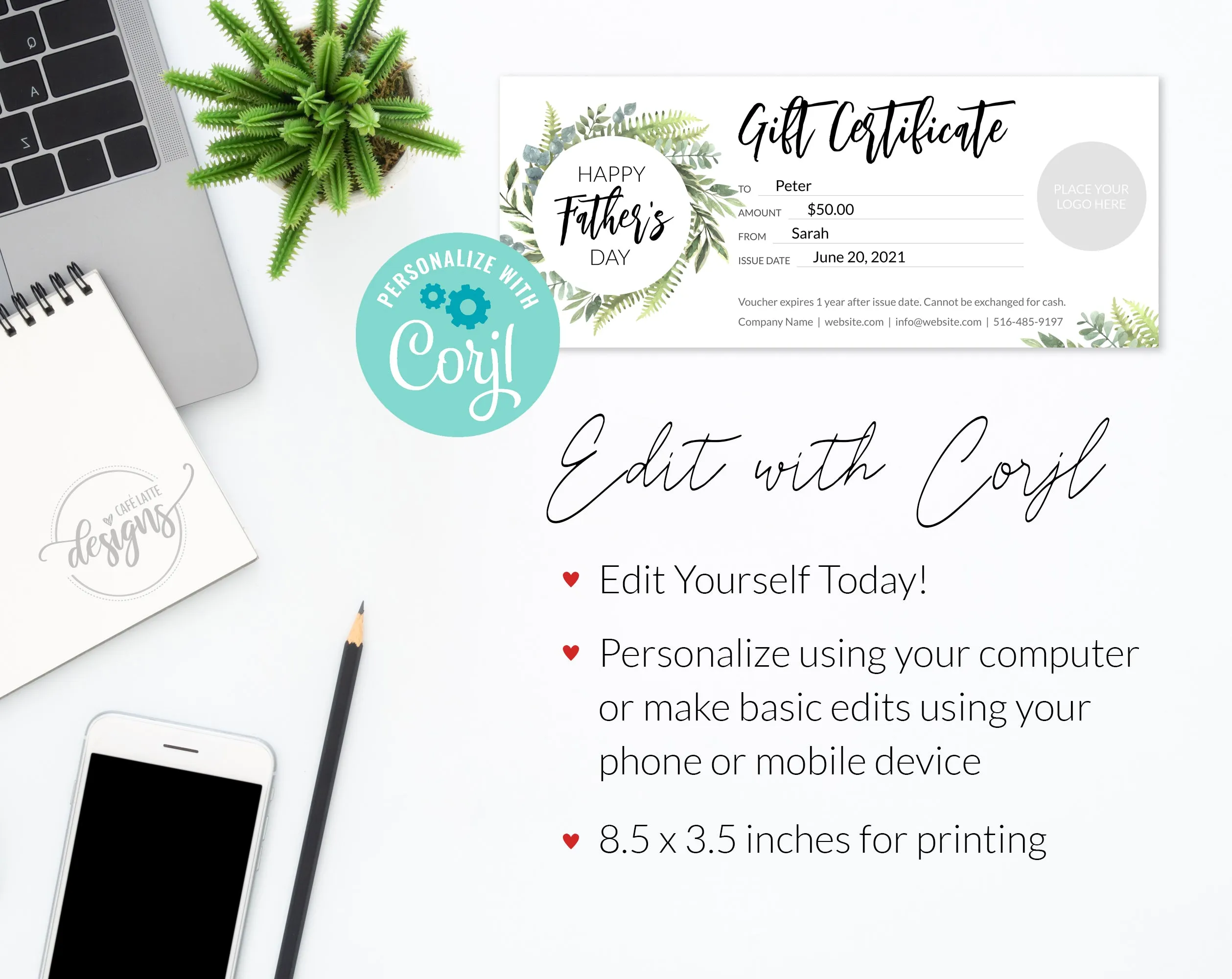FATHERS DAY Gift Certificate Printable Editable Template, Business Logo Golf Lesson Sport Coupon, Instant DIY Corjl, Last Minute Gift Dad