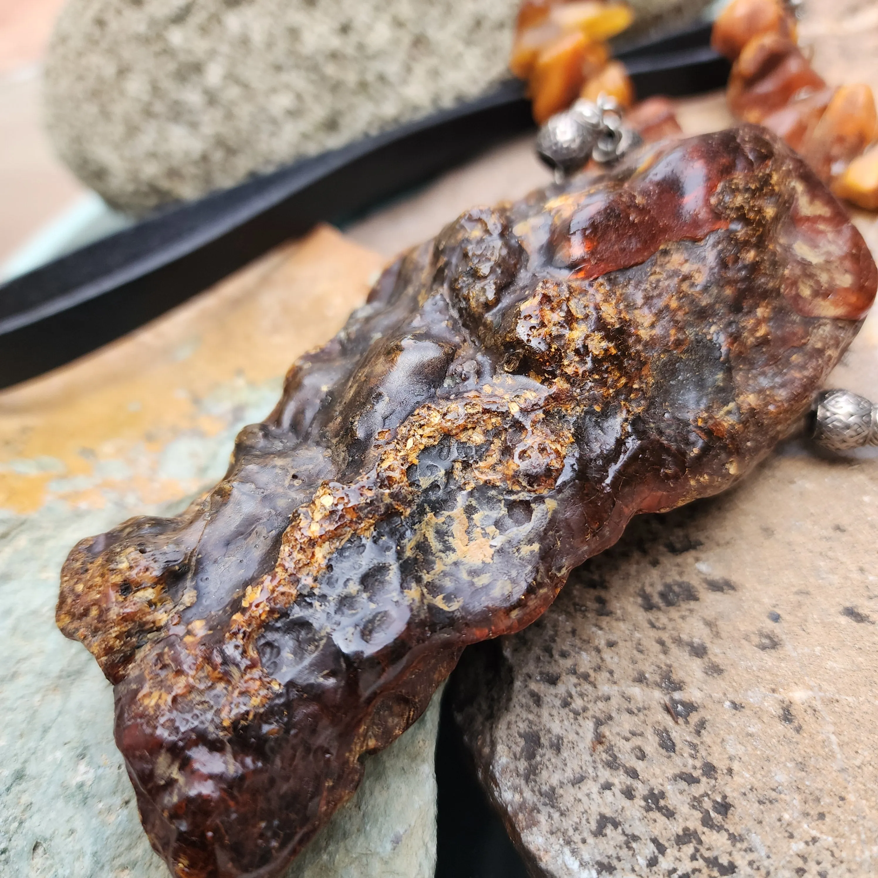 Feeling Groovy / Designer Jewelry Raw Amber Nugget Pendant Hypoallergenic Black Leather Necklace Natural Amber Gift for Momen
