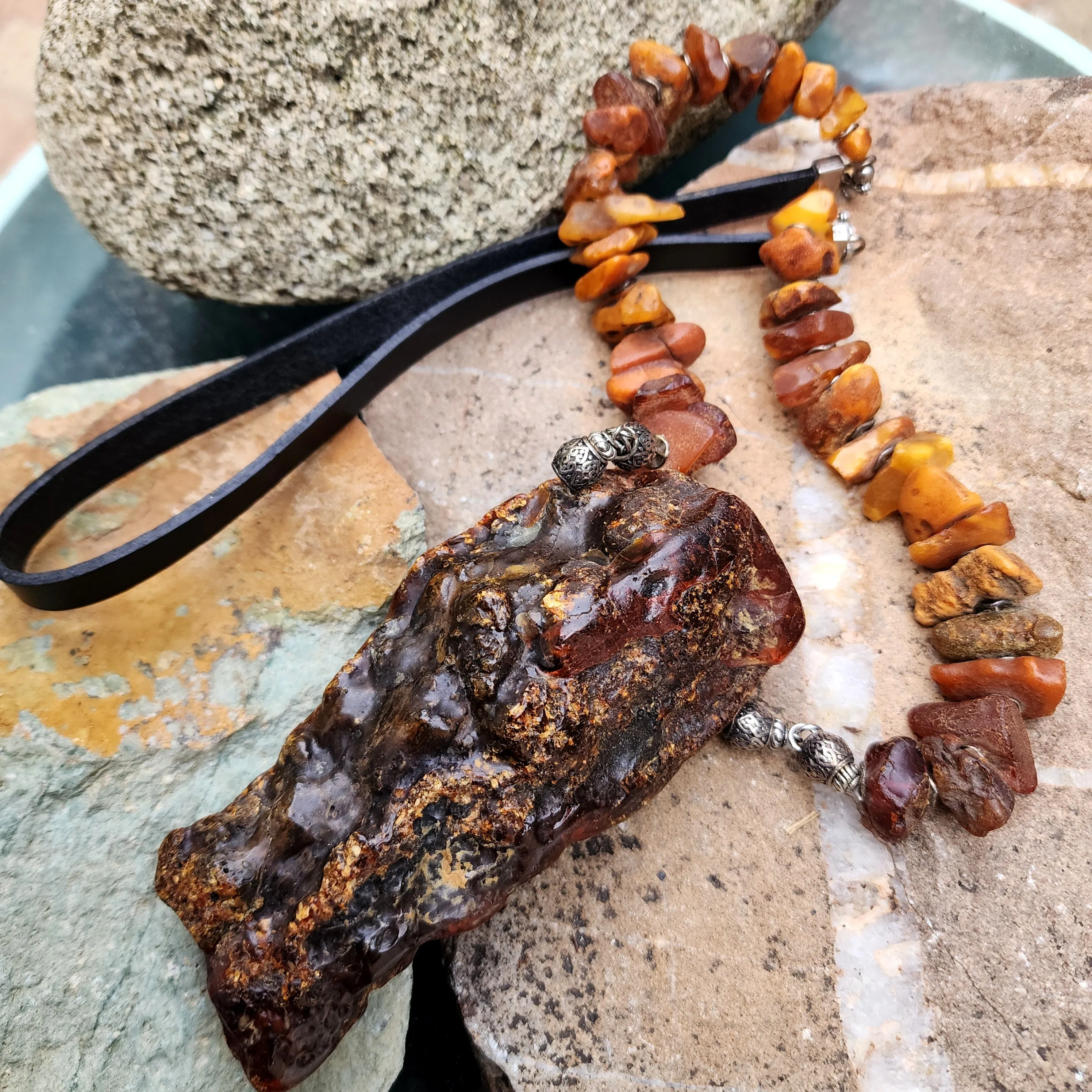 Feeling Groovy / Designer Jewelry Raw Amber Nugget Pendant Hypoallergenic Black Leather Necklace Natural Amber Gift for Momen