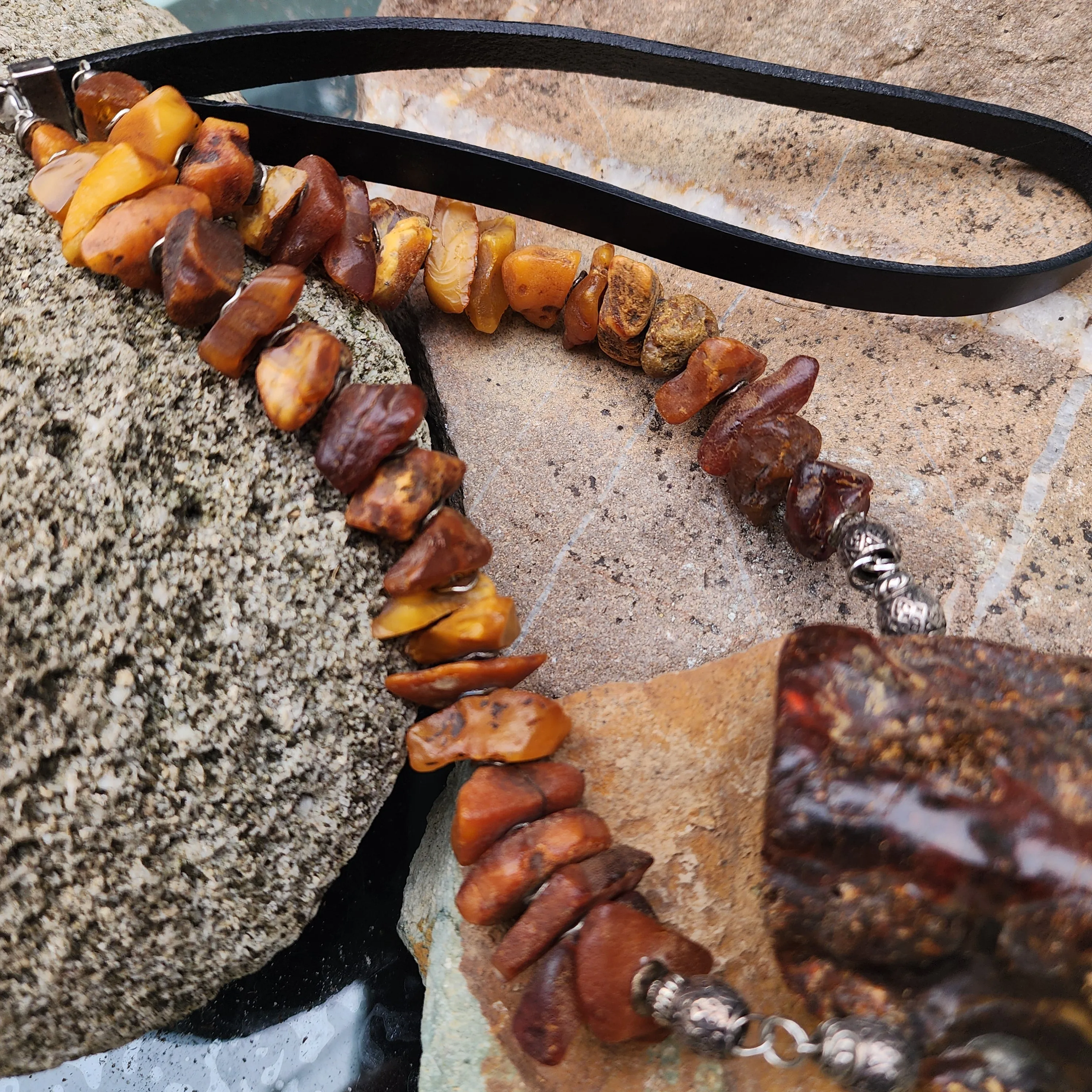 Feeling Groovy / Designer Jewelry Raw Amber Nugget Pendant Hypoallergenic Black Leather Necklace Natural Amber Gift for Momen