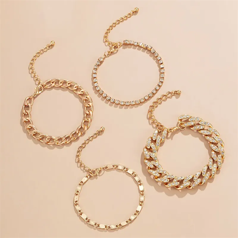 Female 4pcs/Set Adjustable Shiny Iced Out Rhinestone Bracelets
