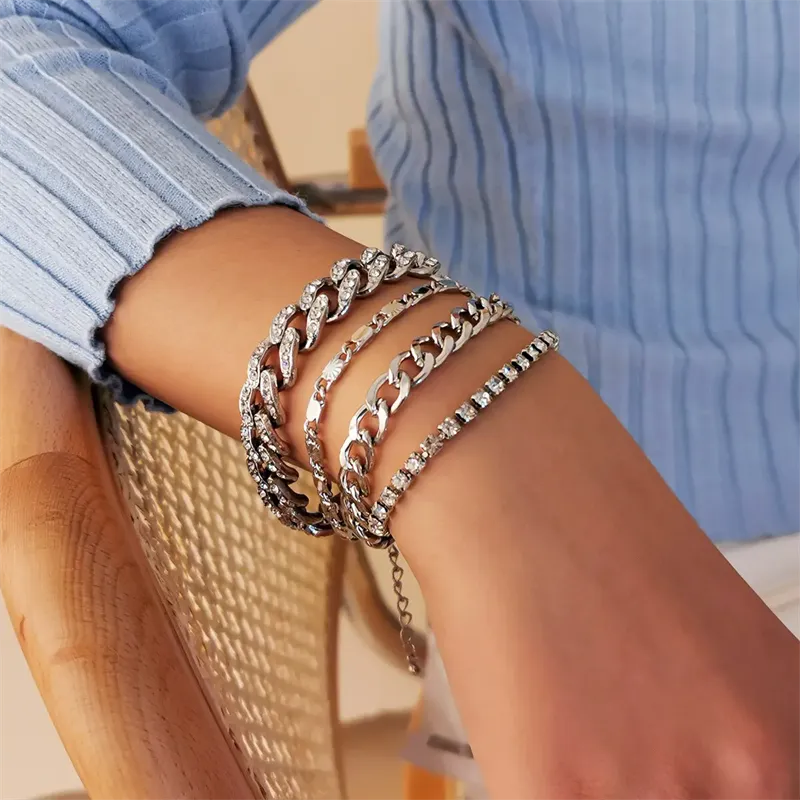 Female 4pcs/Set Adjustable Shiny Iced Out Rhinestone Bracelets