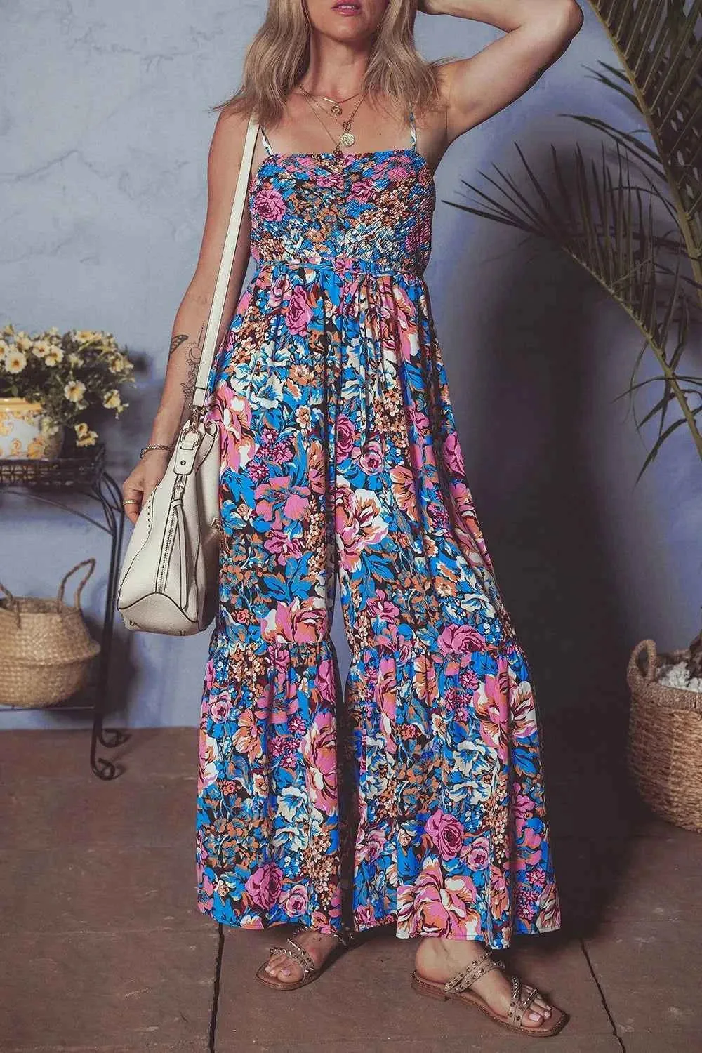 Floral Wide Leg Jumpsuit with Smocked Spaghetti Straps