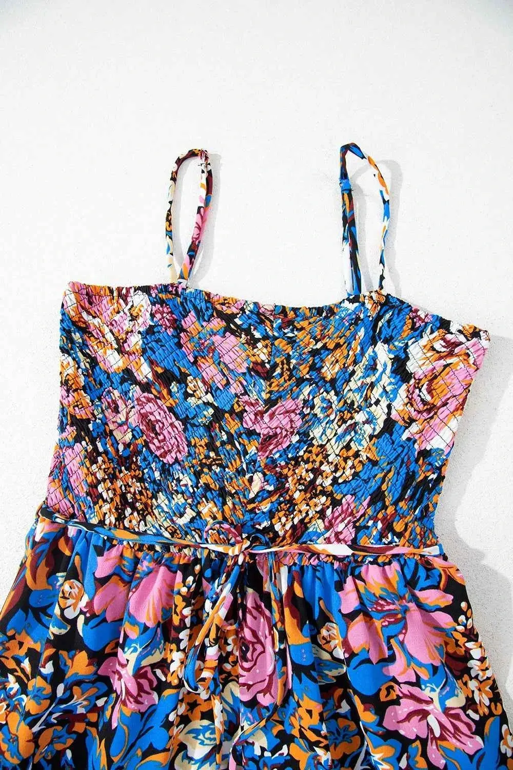Floral Wide Leg Jumpsuit with Smocked Spaghetti Straps