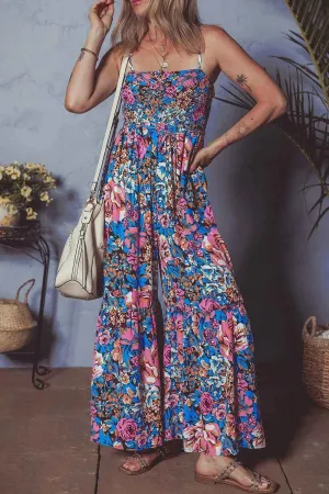 Floral Wide Leg Jumpsuit with Smocked Spaghetti Straps