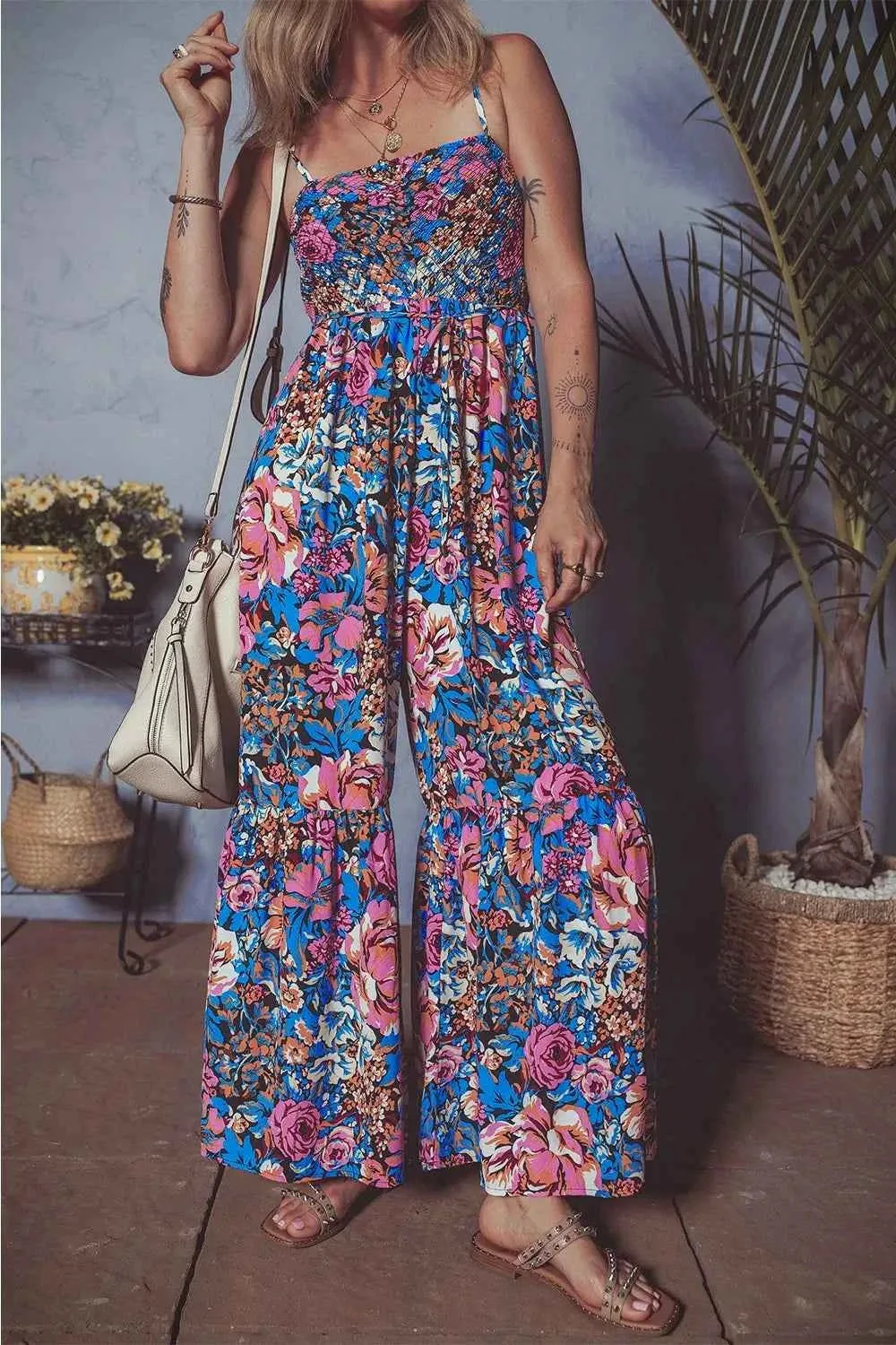 Floral Wide Leg Jumpsuit with Smocked Spaghetti Straps