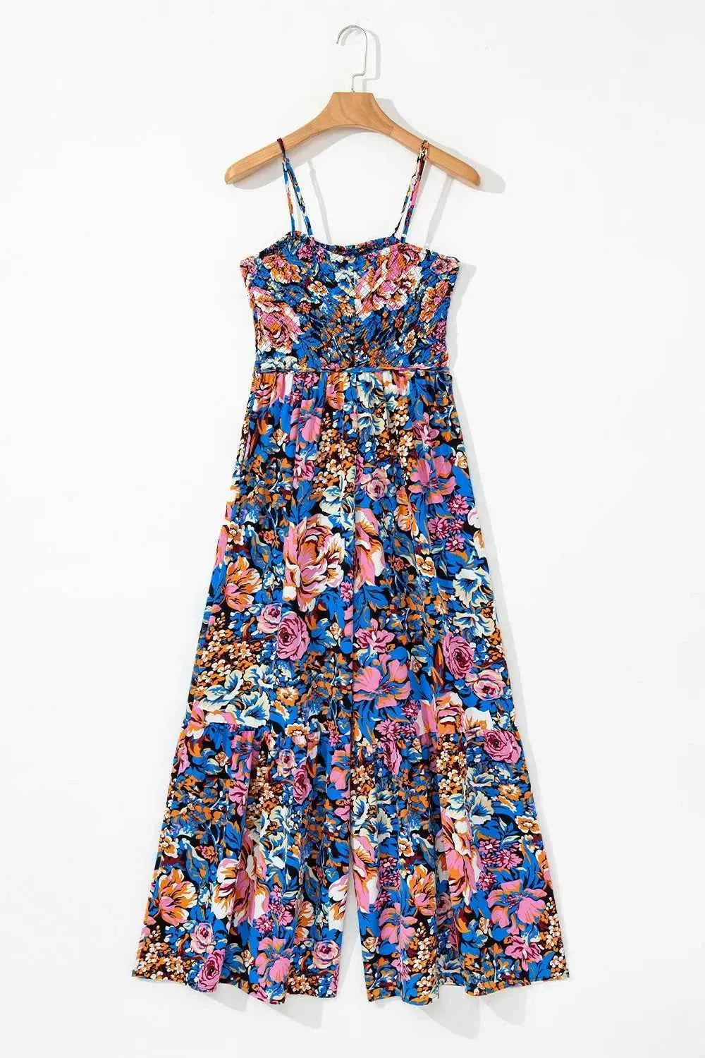 Floral Wide Leg Jumpsuit with Smocked Spaghetti Straps