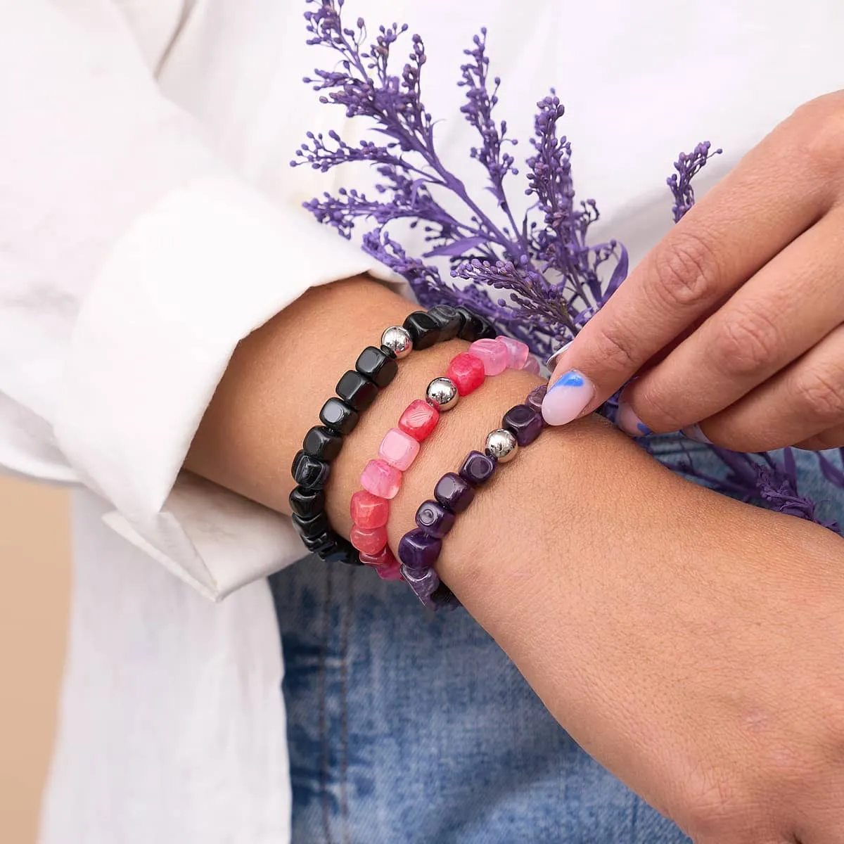 Fuchsia Agate | Silver | Gemstone Pebble Bracelet
