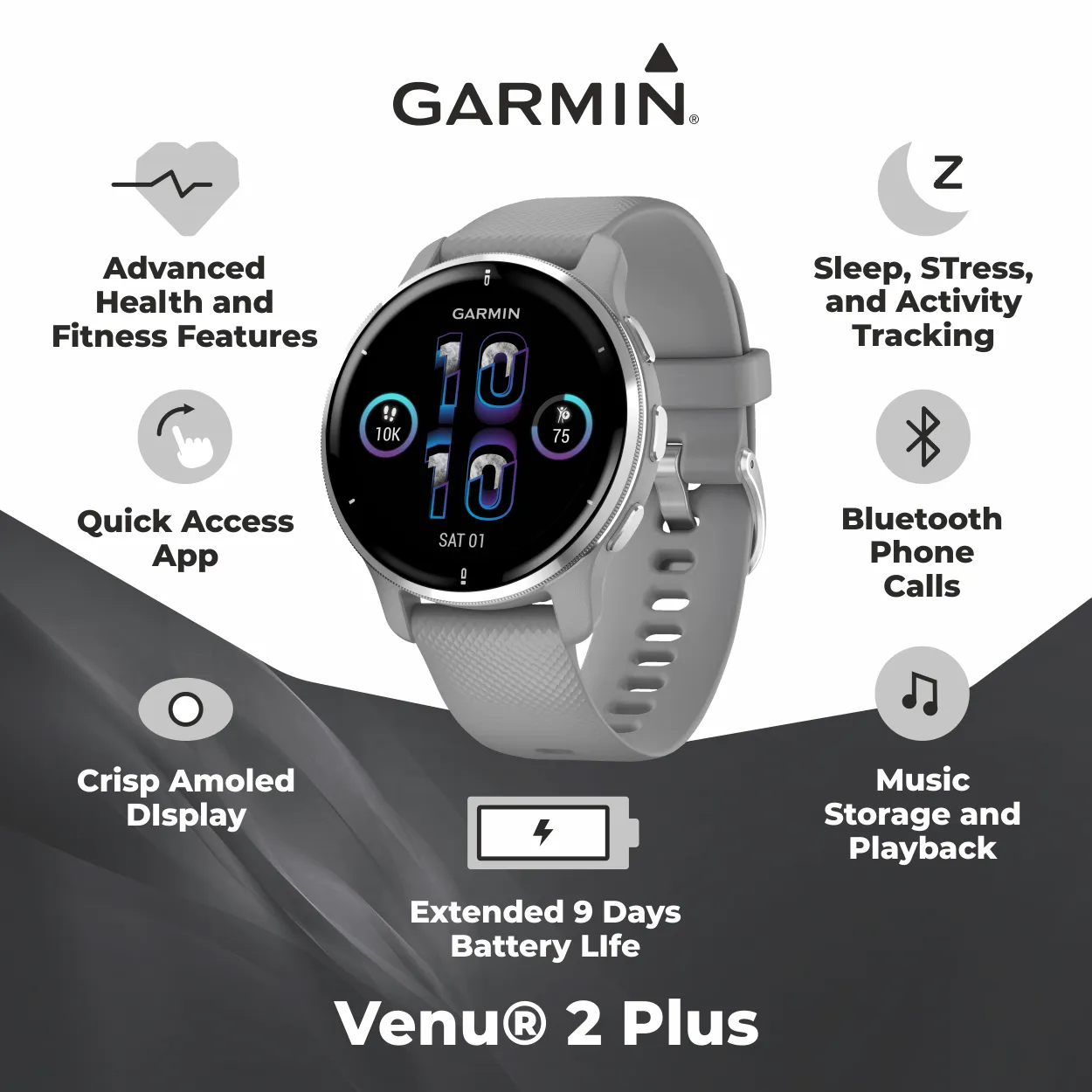 Garmin Venu 2 Plus GPS Multisport Smartwatch with Call and Text, Music, Adv HM FF