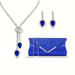 Glittery Metallic Royal Blue Clutch Evening Bag Jewelry Set