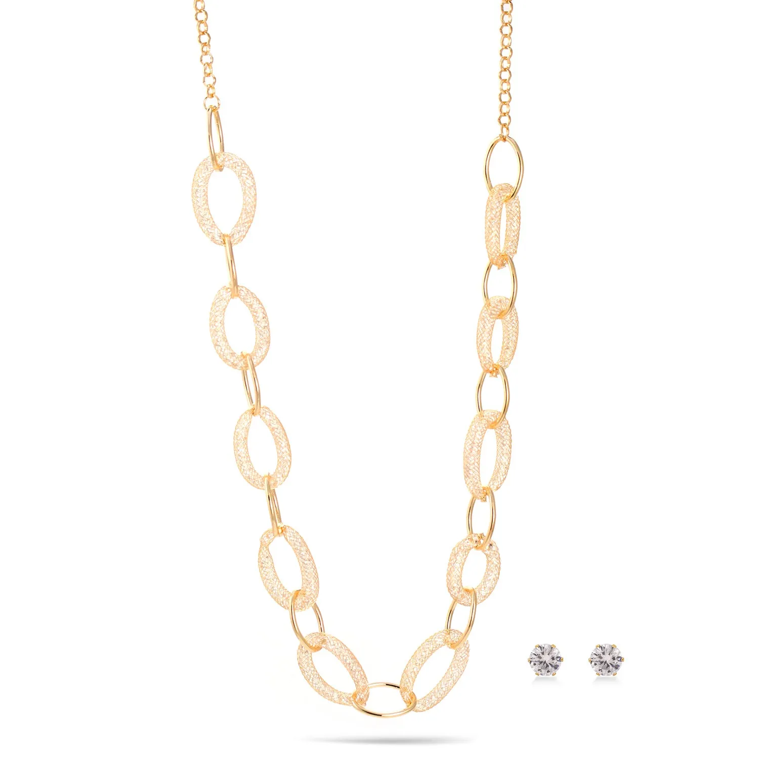 GOLD CRYSTAL WIRE MESH NET TUBE NECKLACE AND EARRINGS SET #SWKK-8148GLD (IA23)