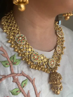 Gold Mesh Necklace & Double-Jhumka Earrings Set