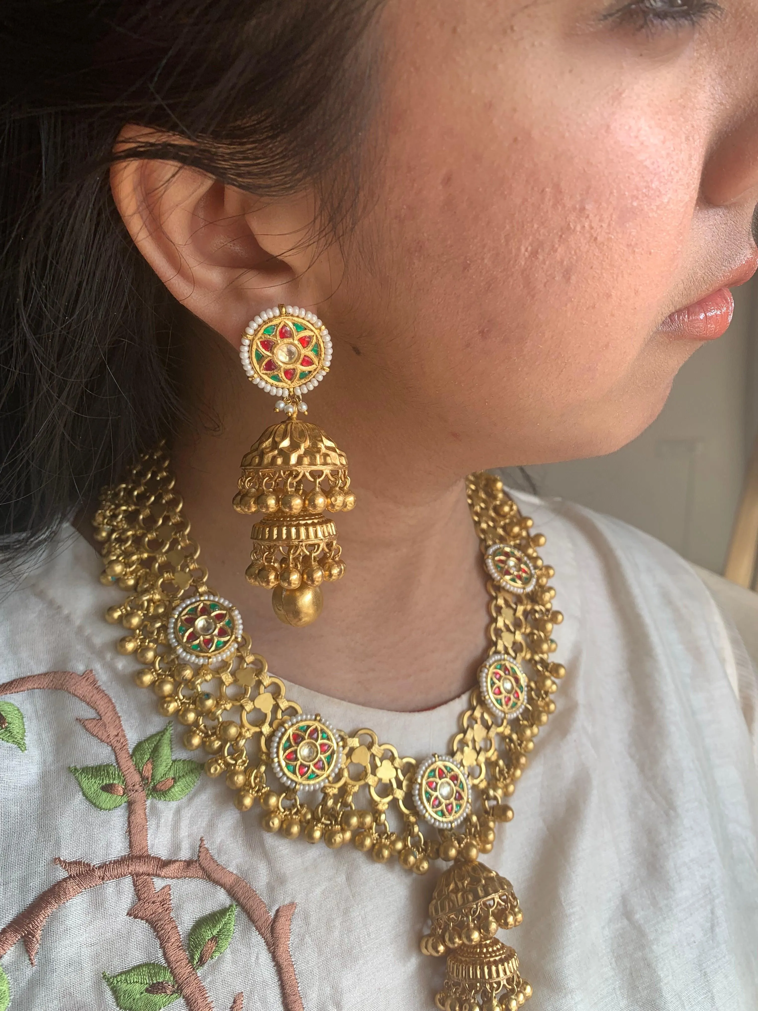 Gold Mesh Necklace & Double-Jhumka Earrings Set
