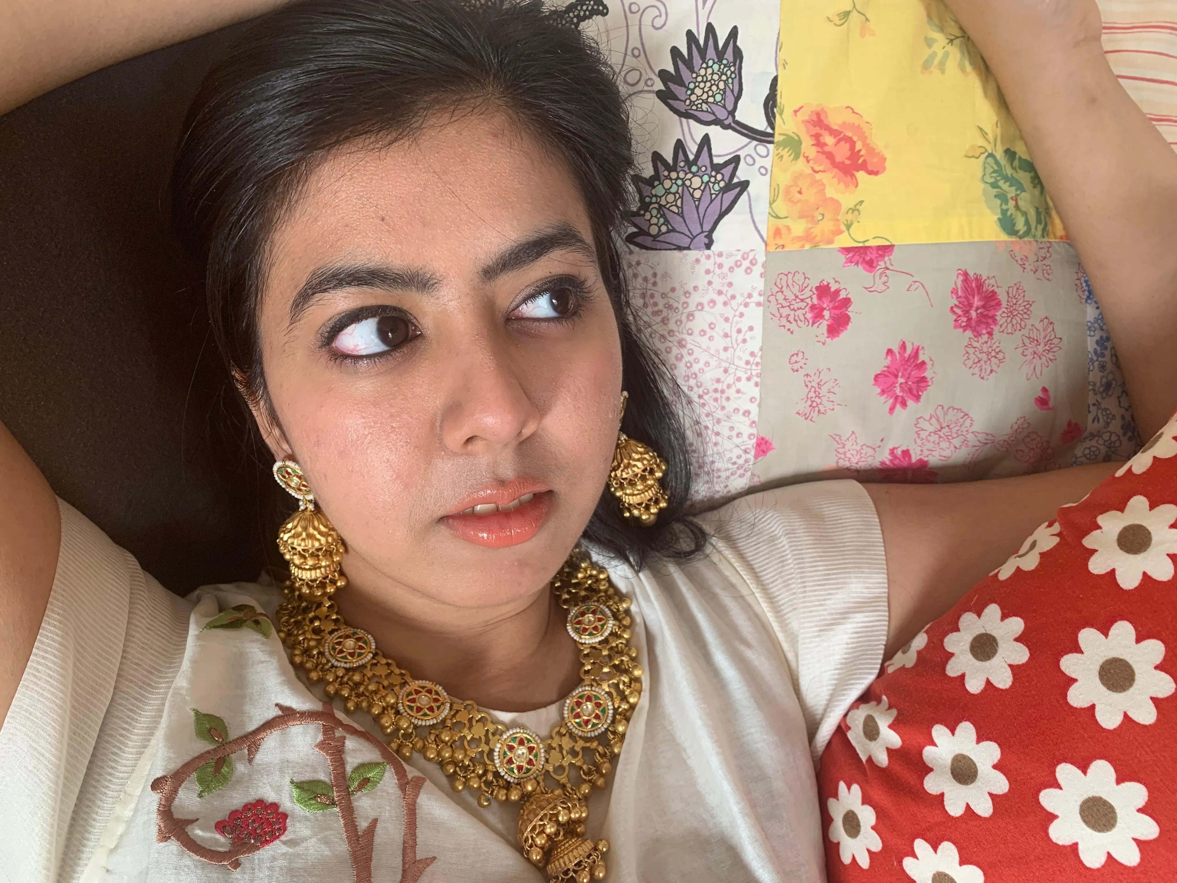 Gold Mesh Necklace & Double-Jhumka Earrings Set