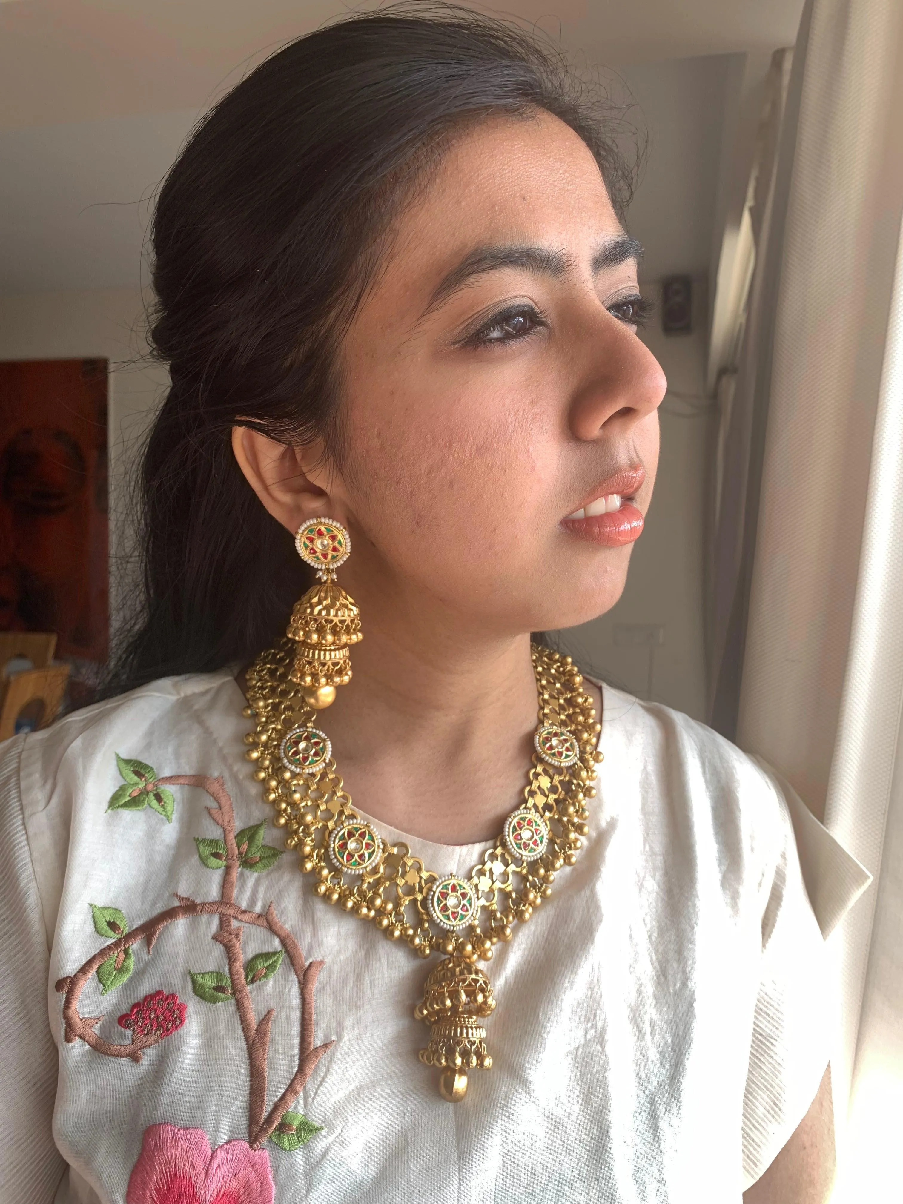 Gold Mesh Necklace & Double-Jhumka Earrings Set