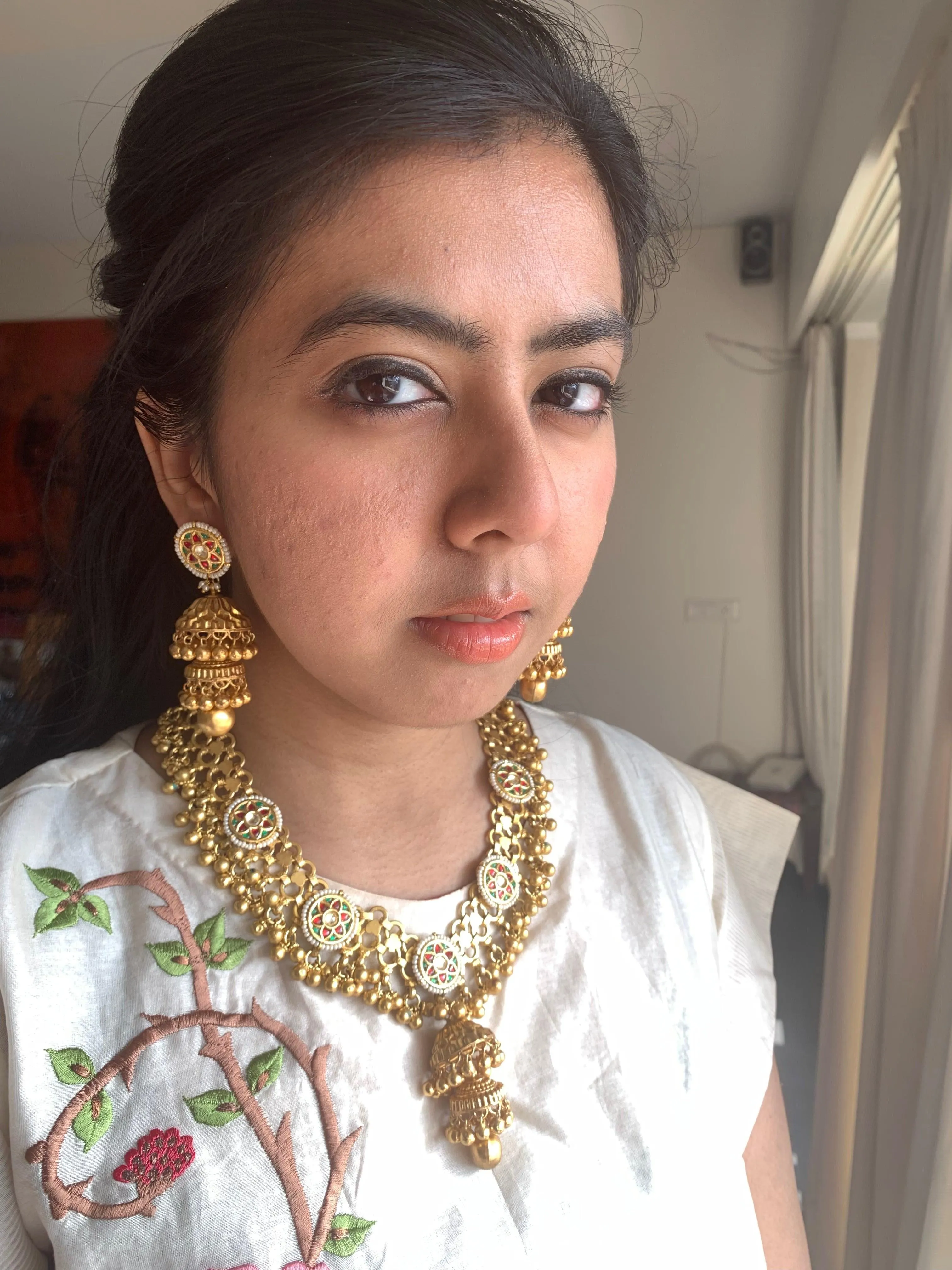 Gold Mesh Necklace & Double-Jhumka Earrings Set