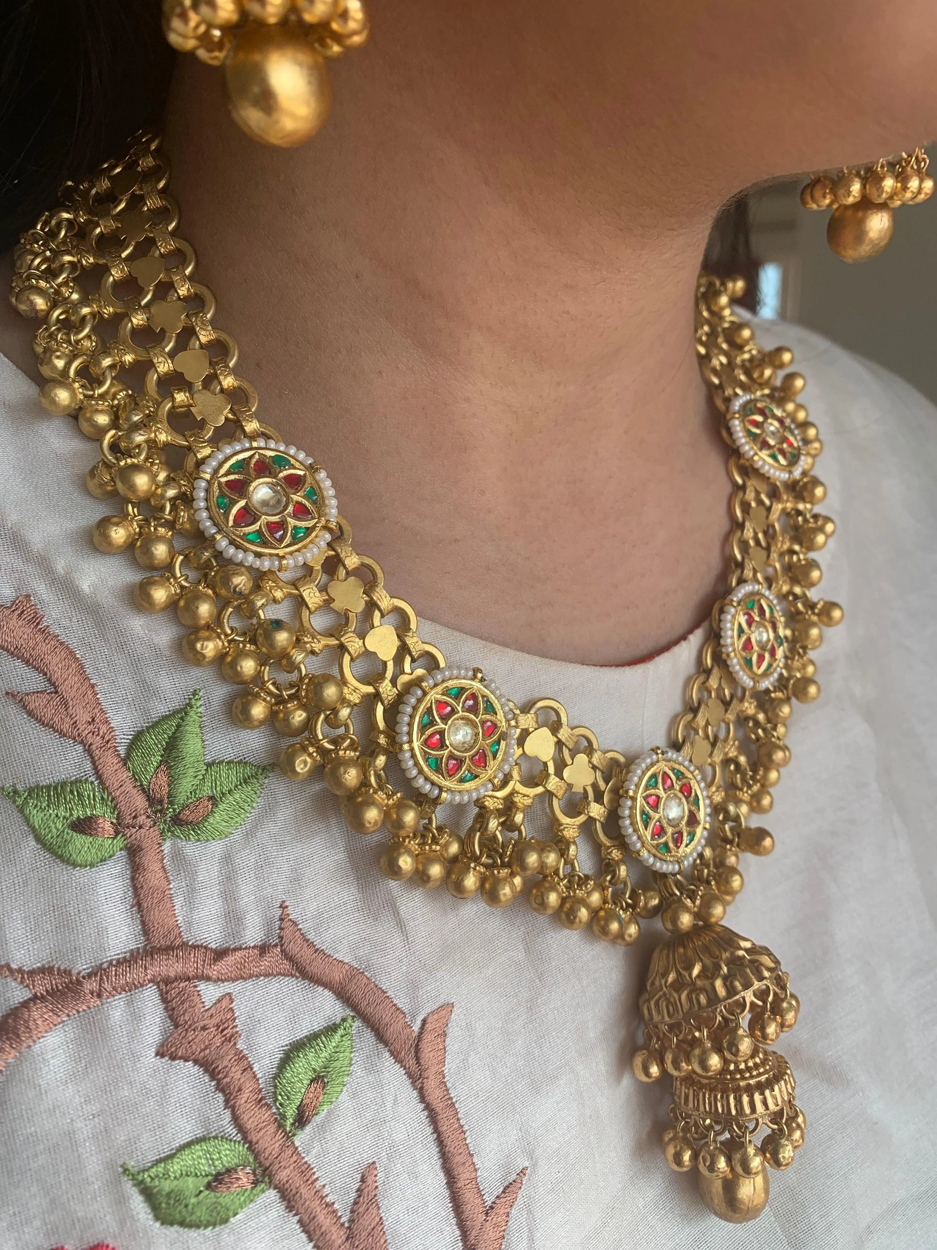 Gold Mesh Necklace & Double-Jhumka Earrings Set