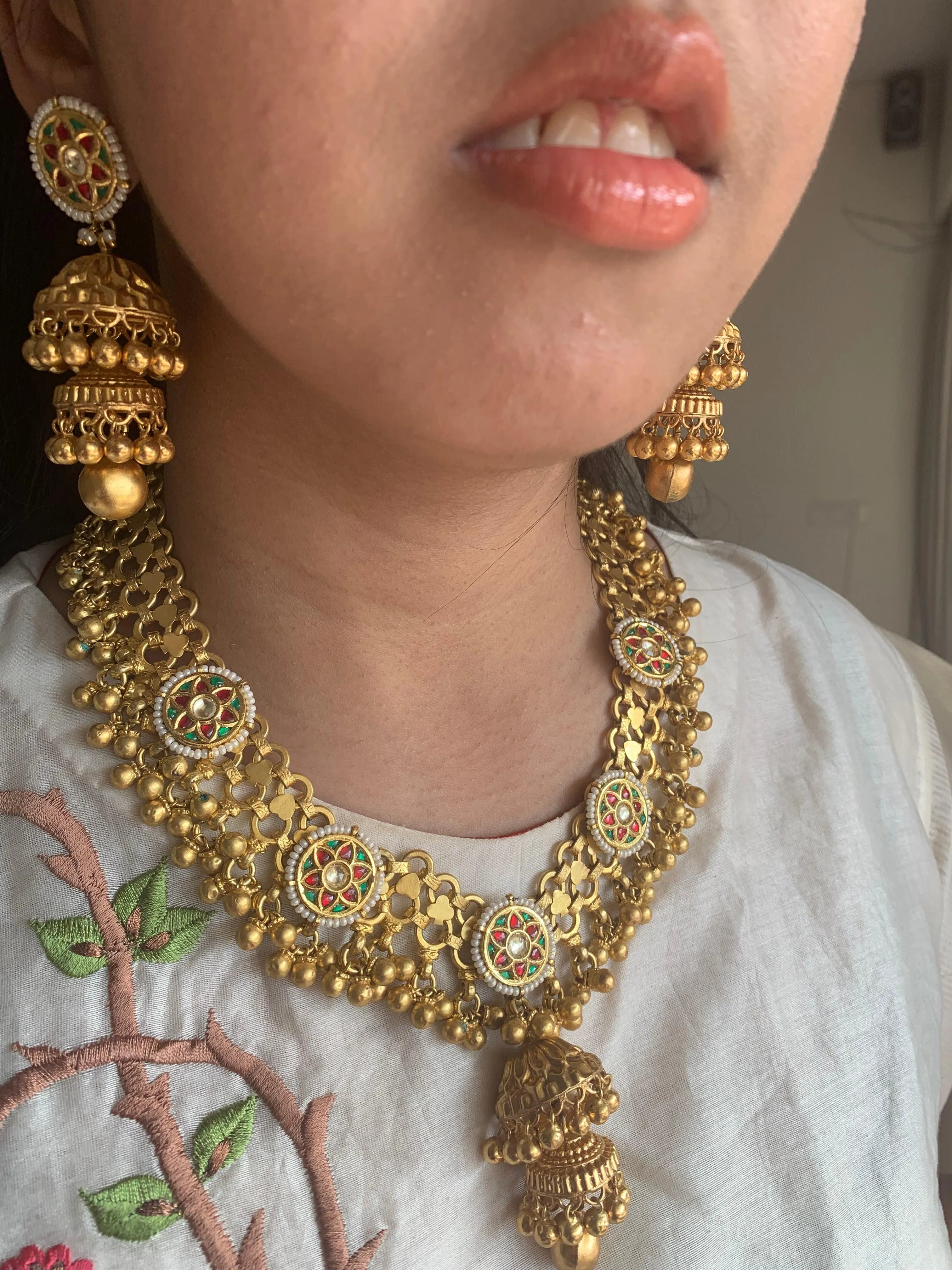 Gold Mesh Necklace & Double-Jhumka Earrings Set