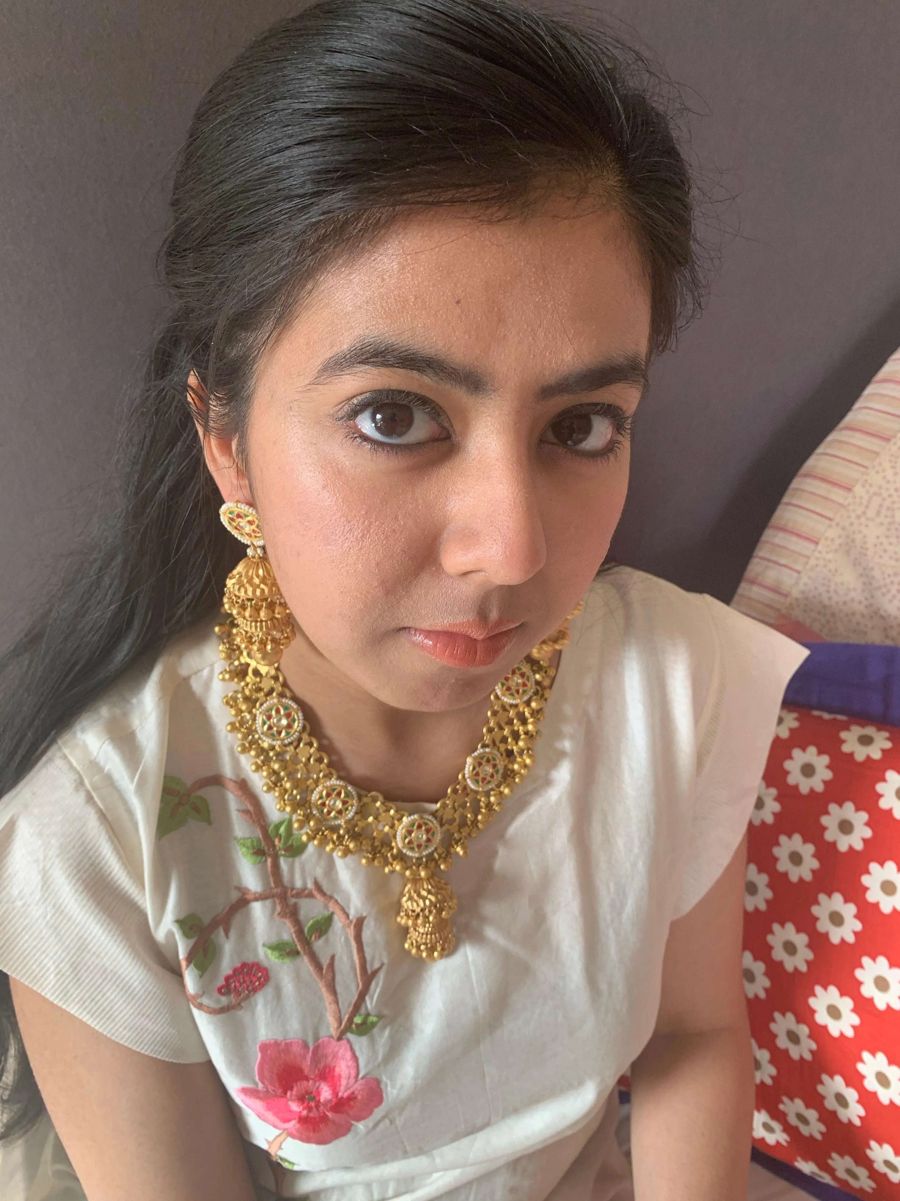 Gold Mesh Necklace & Double-Jhumka Earrings Set
