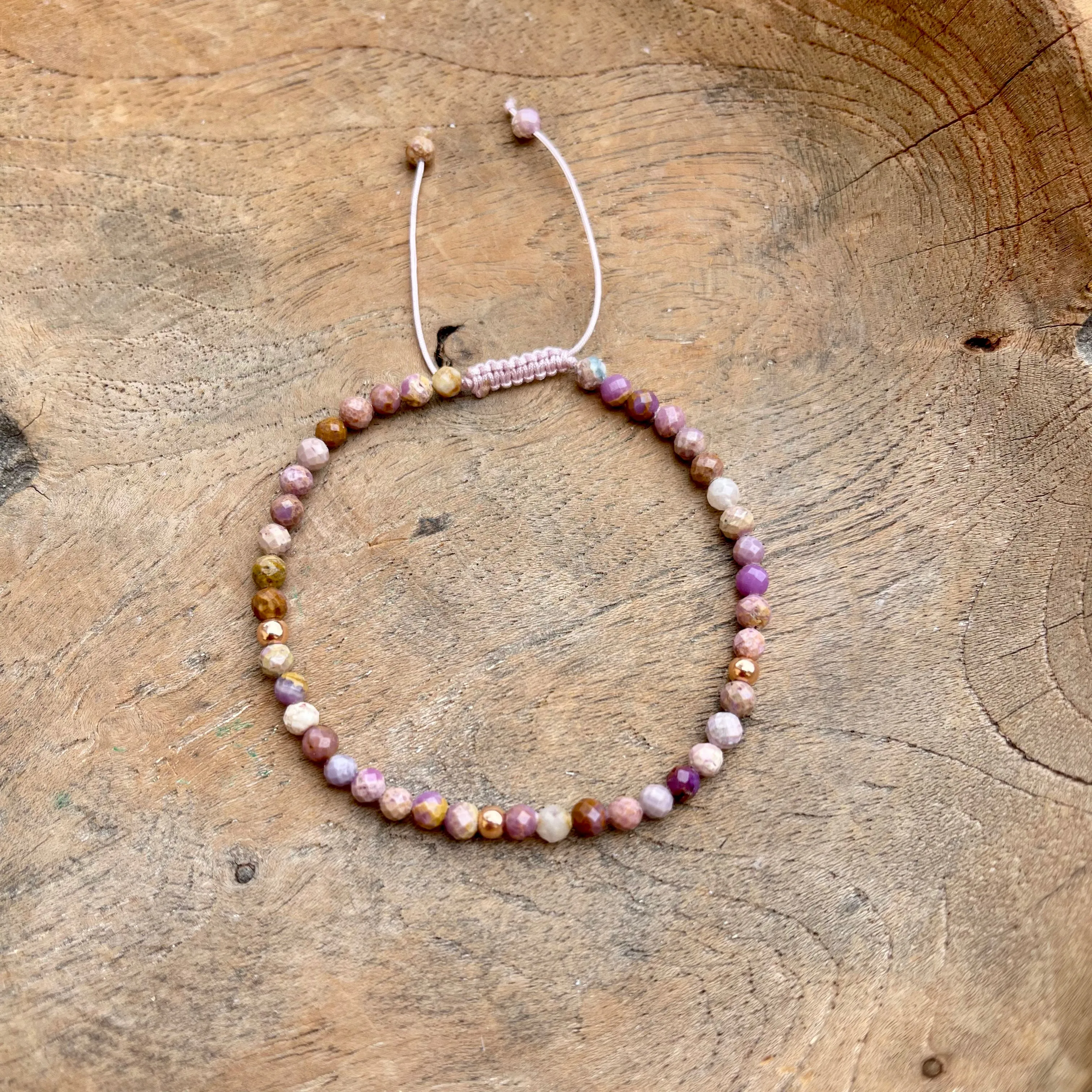 Gold - Pink Tourmaline Adjustable Beaded Bracelet