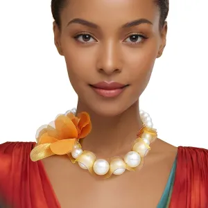 Graduated Acrylic Pearl Necklace with Orange-Brown Mesh & Floral Detail