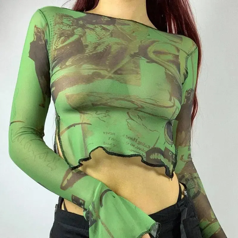 Green Pattern Mesh Crop Top with Sheer Material and Flared Sleeves