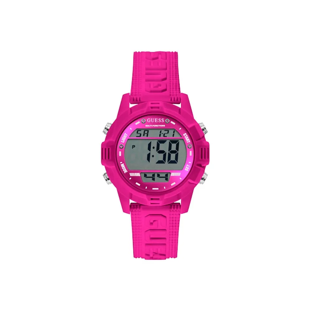 Guess Digital Watch Magenta Case With Magenta Digital Dial And Magenta Guess Logo Silicone Strap