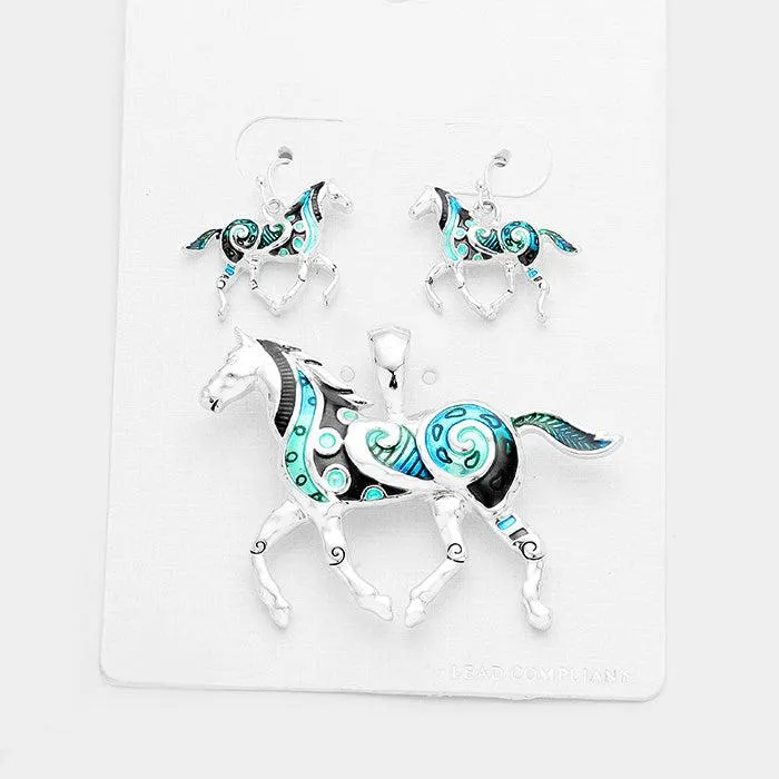 Horse Blue & Silver Pendant Earrings Set