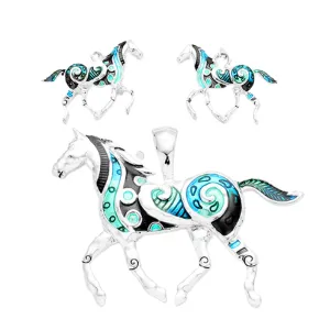 Horse Blue & Silver Pendant Earrings Set