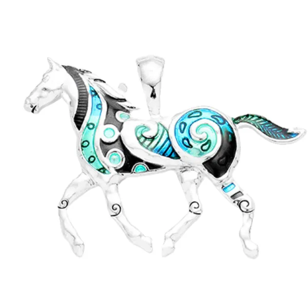 Horse Blue & Silver Pendant Earrings Set