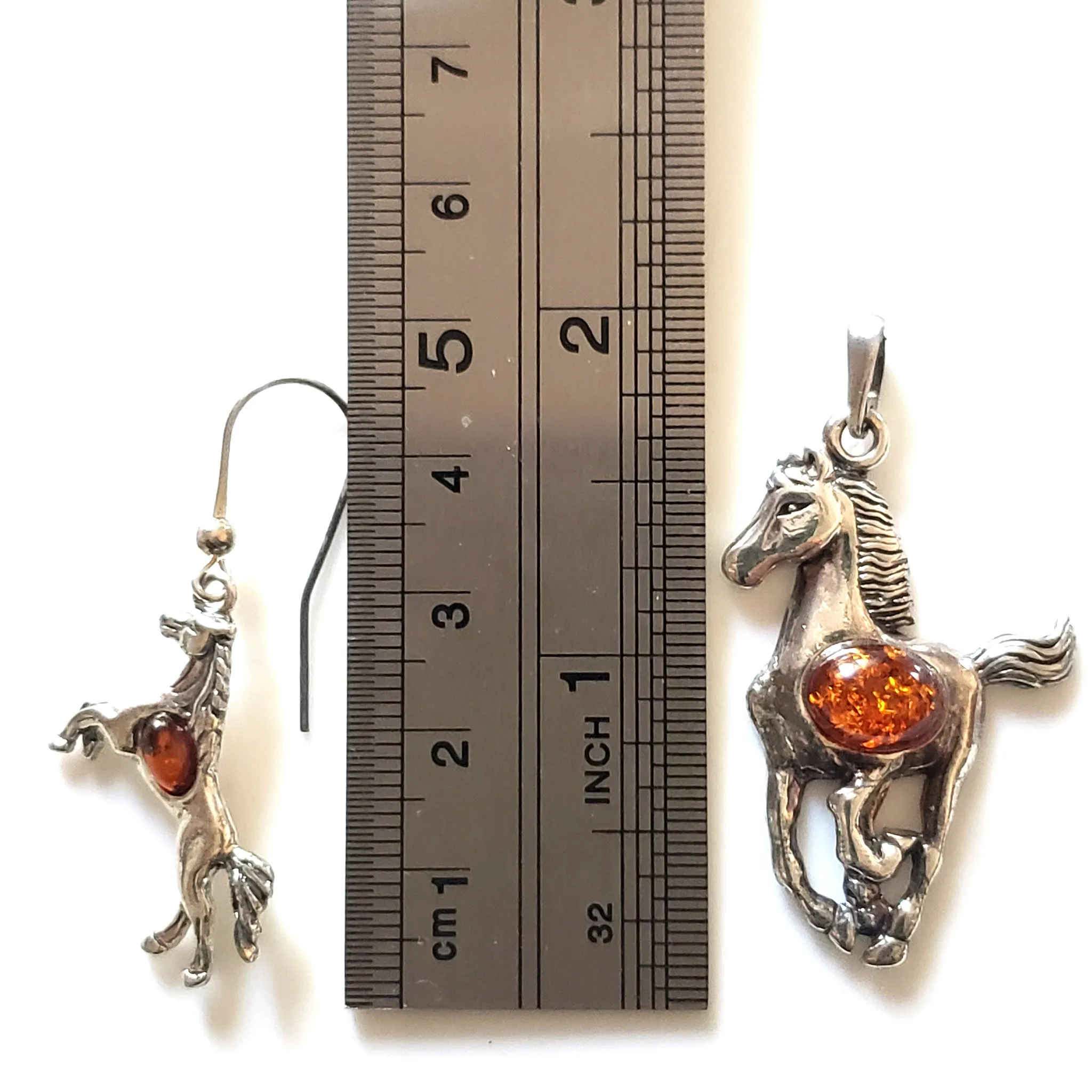 Horse Sterling Silver with Amber Earrings Pendant Set