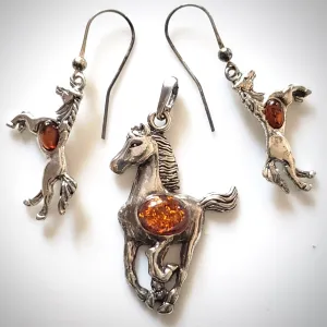 Horse Sterling Silver with Amber Earrings Pendant Set