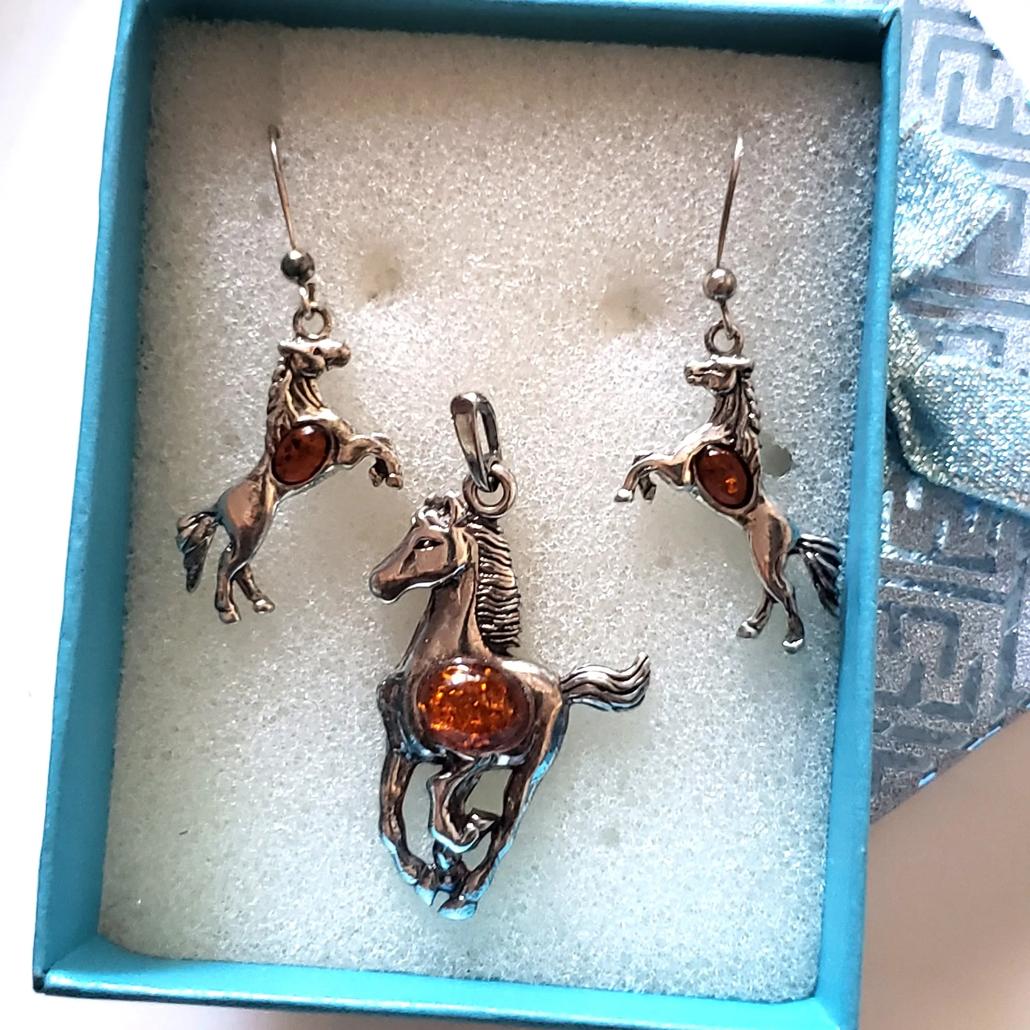 Horse Sterling Silver with Amber Earrings Pendant Set