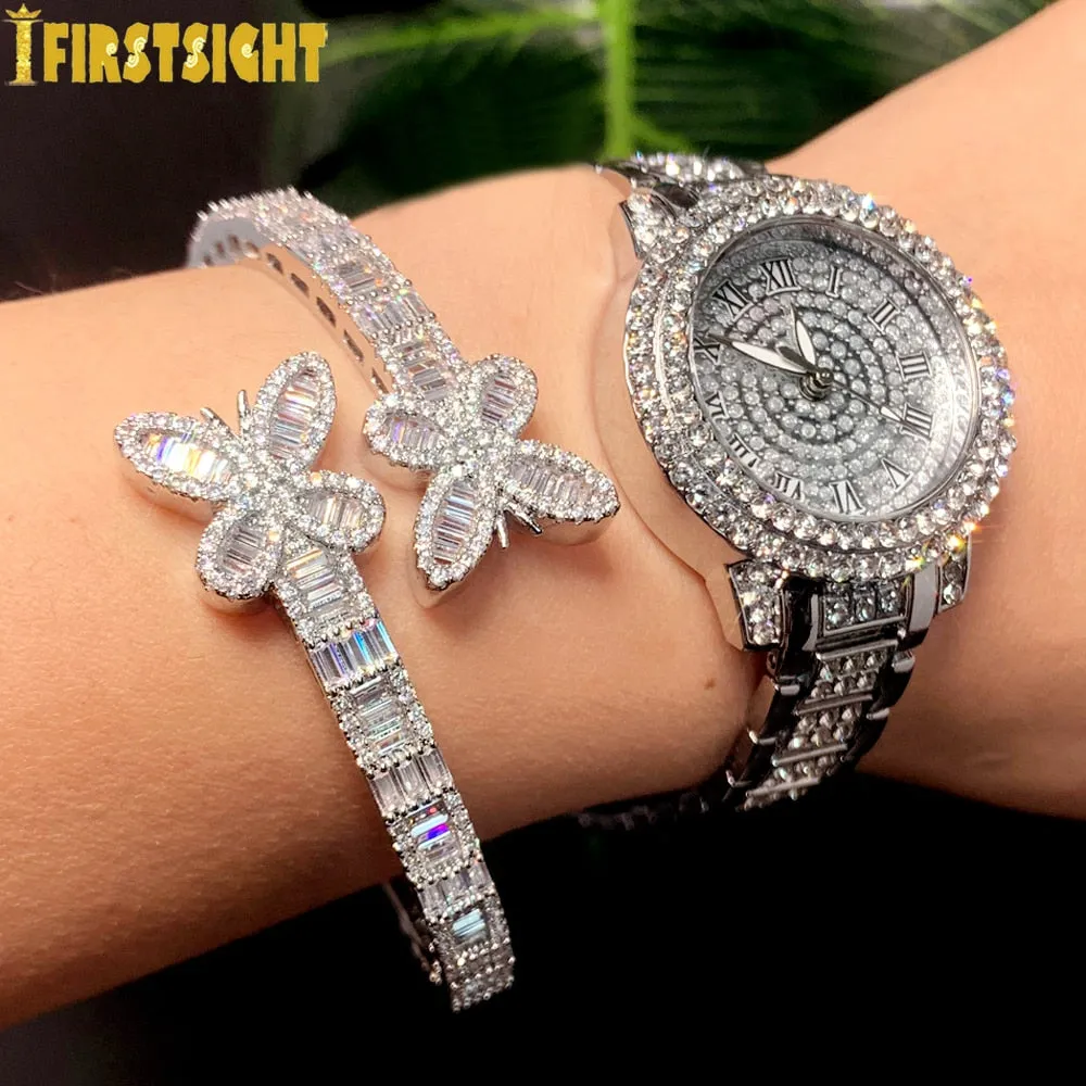 Iced Out Bling Opened Butterfly Charm Bracelet