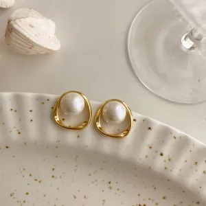 Irregular Geometric Pearl Hollow Stud Earrings